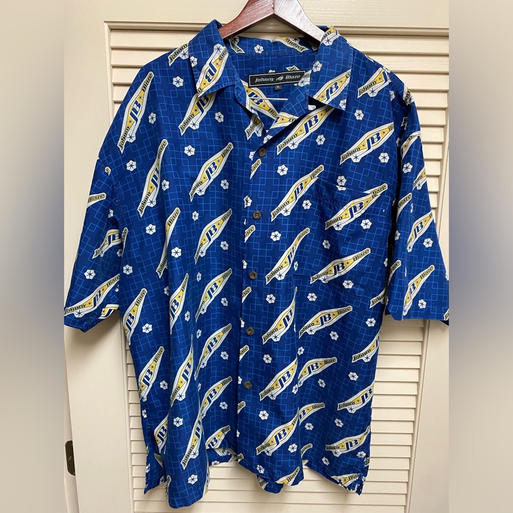 Vintage Johnny Blaze Shirt Mens XL Blue Spell Out Retro Polyester Graphic Summer